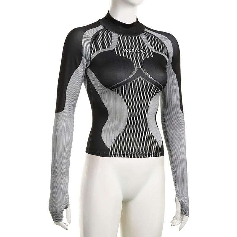 High neck long sleeve contrast print gloves top