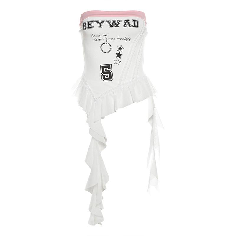 Ribbed “BEYWADâ€?print patchwork ruffle tube top