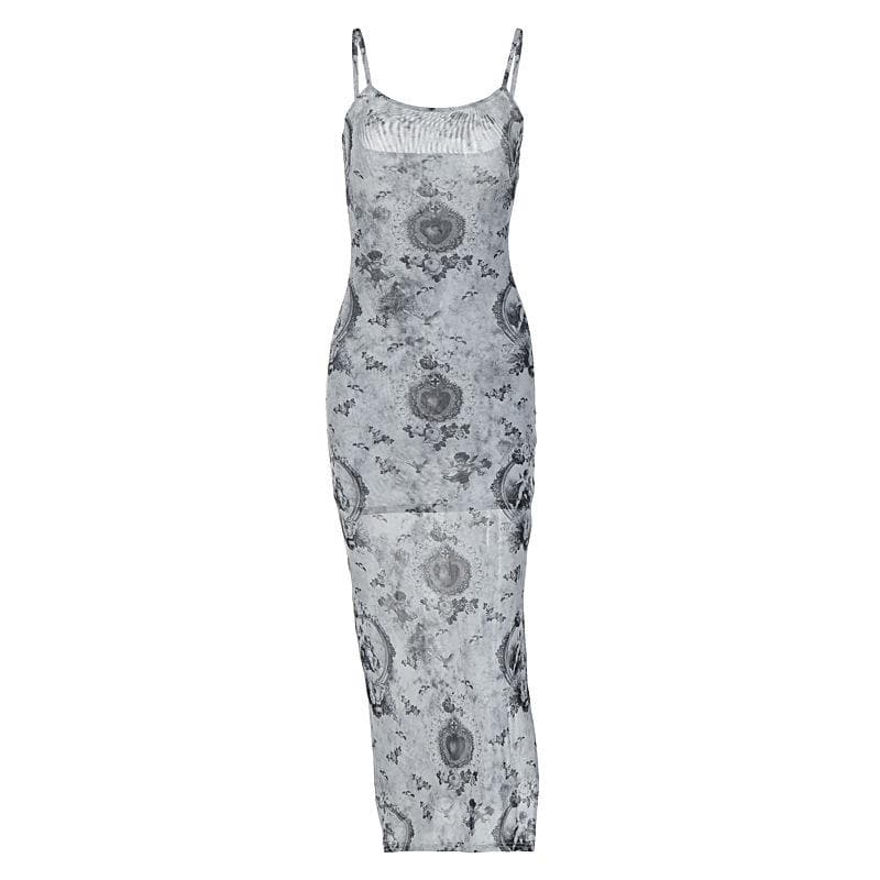 Slit contrast print sheer mesh see through u neck cami midi dress  | samba dress