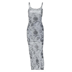 Slit contrast print sheer mesh see through u neck cami midi dress  | samba dress
