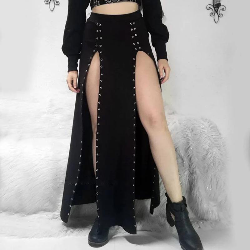 High slit solid metal maxi skirt