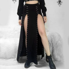 High slit solid metal maxi skirt