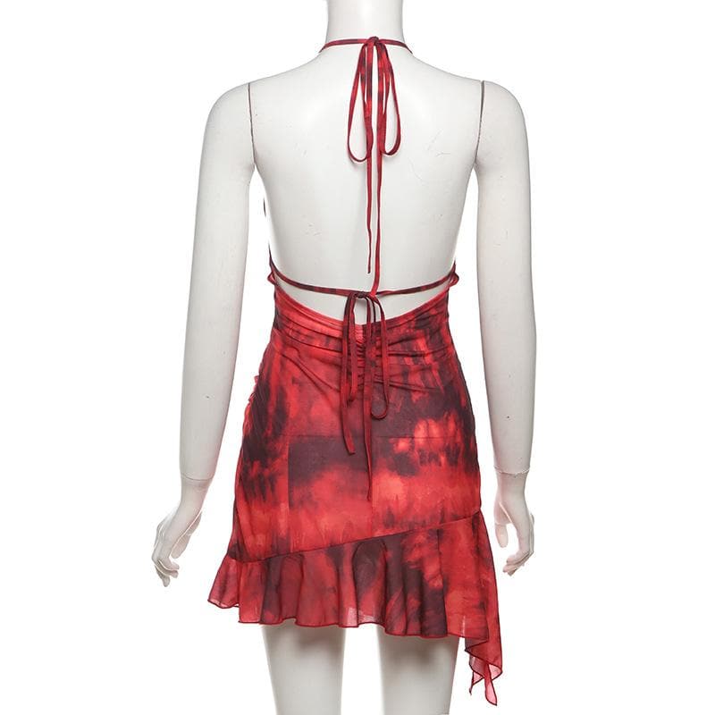 Halter ruched tie dye ruffle backless mini dress  | red tango dress