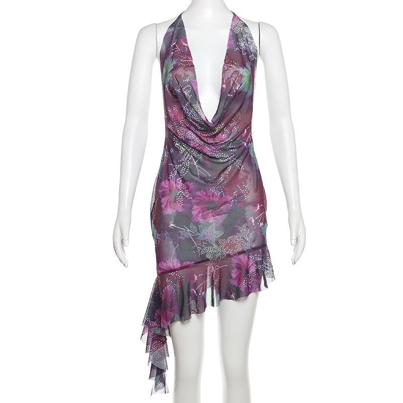 Halter cowl neck beaded sheer mesh print mini dress  | samba dress