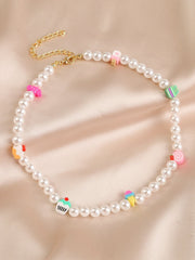 Faux pearl beaded clay necklace