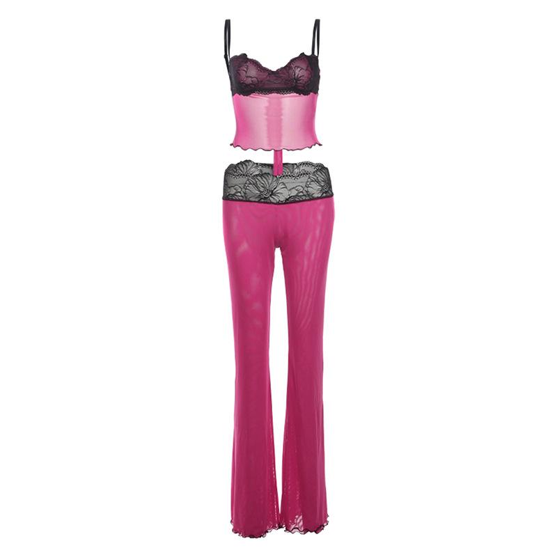 Lace mesh ruffle sweetheart neck cami pant set