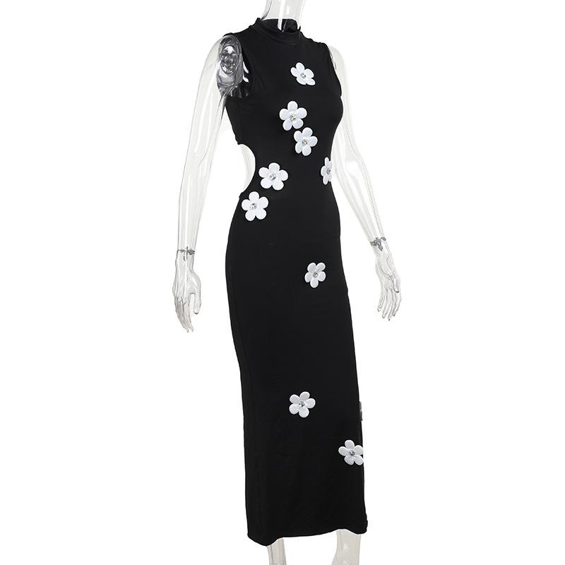 Sleeveless crewneck flower applique backless midi dress