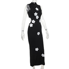 Sleeveless crewneck flower applique backless midi dress