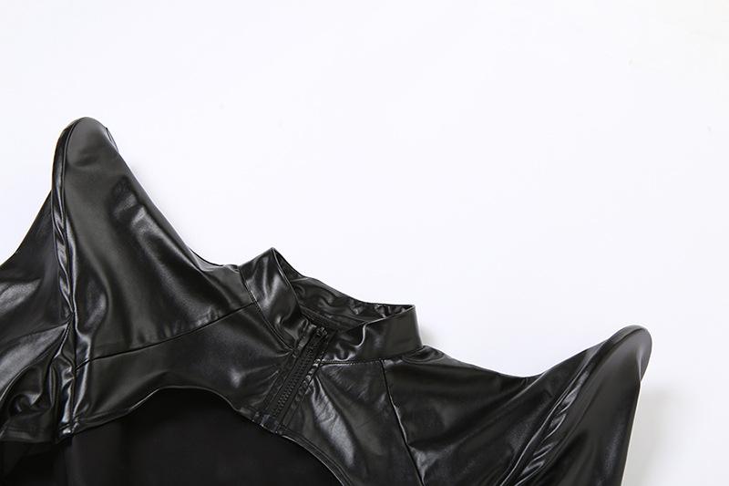 PU leather long sleeve zip-up crop top