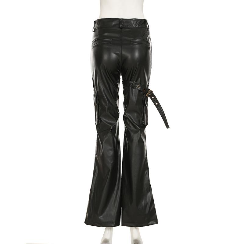 PU leather buckle pocket high rise pant