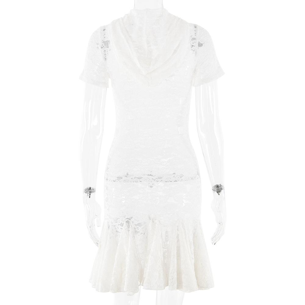 Short sleeve hoodie lace see through mini dress