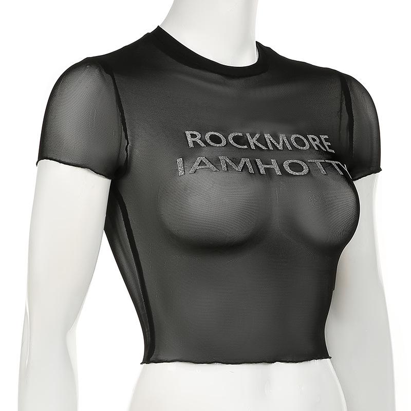 Short sleeve sheer mesh letter print crop top