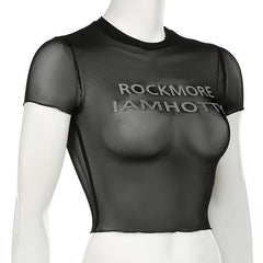 Short sleeve sheer mesh letter print crop top