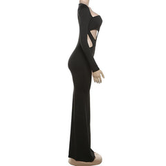 Long sleeve u neck hollow out maxi dress