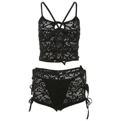 Bowknot lace hollow out see through cami pant set