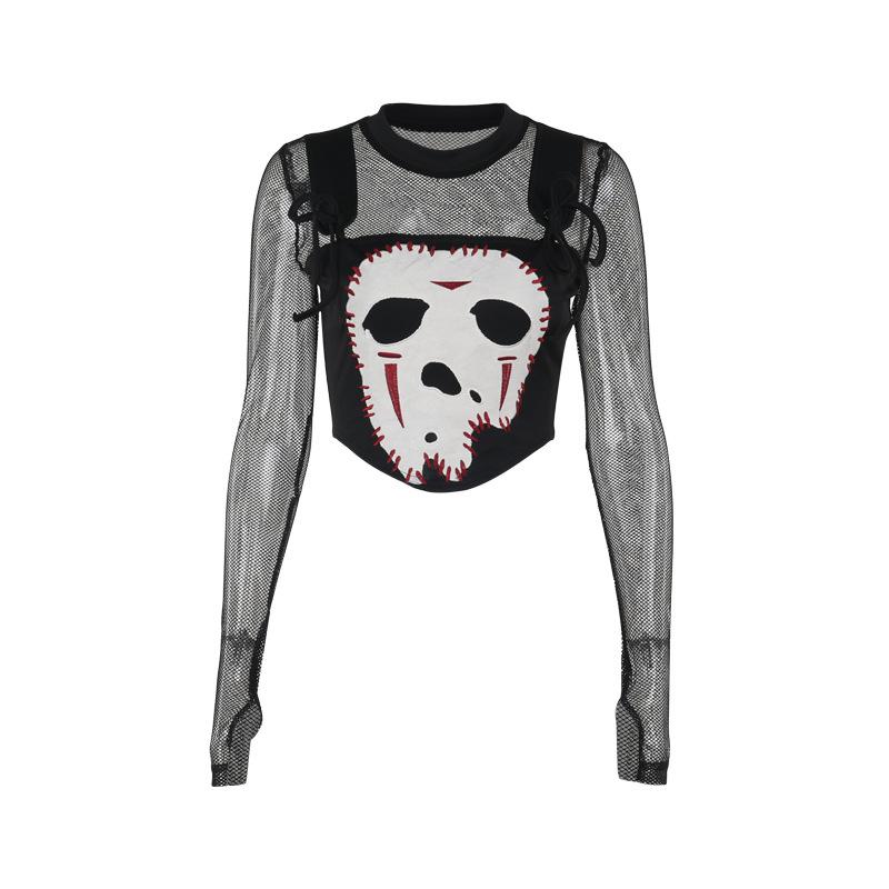Crewneck long sleeve demon embroidery fishnet patchwork top