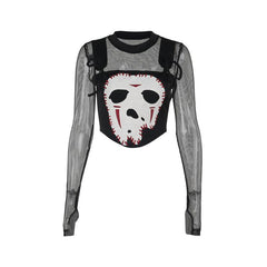 Crewneck long sleeve demon embroidery fishnet patchwork top