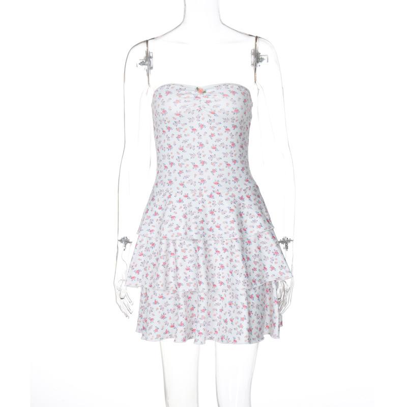 Print sweetheart neck rose applique ruched tube mini dress