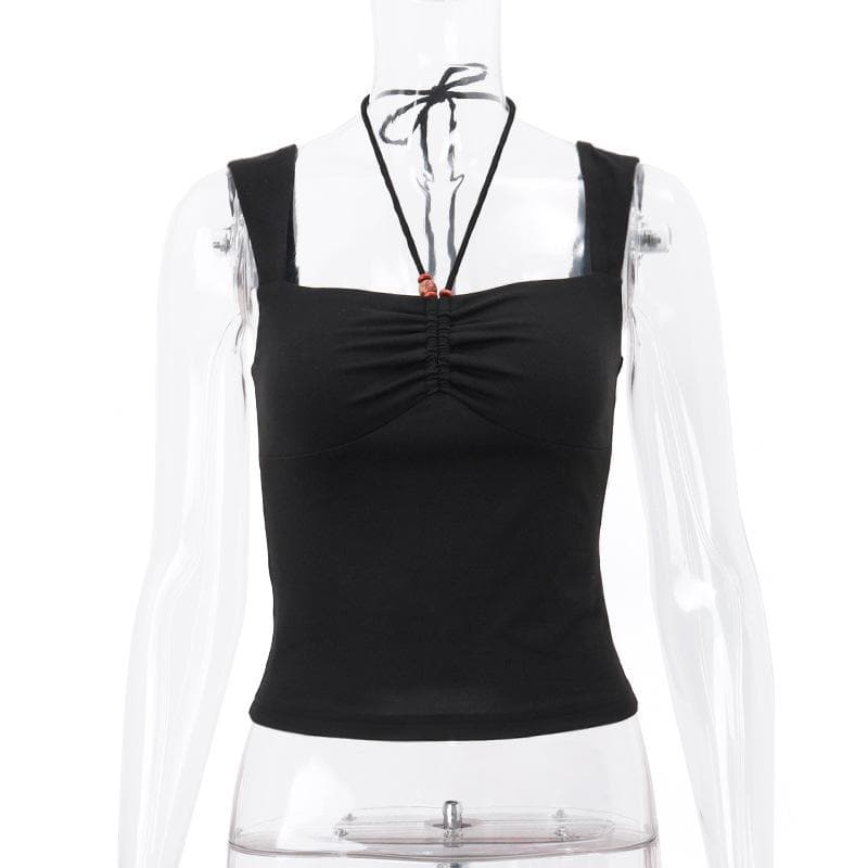 Halter sleeveless solid ruched beaded top