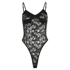 Lace v neck letter print button cami bodysuit