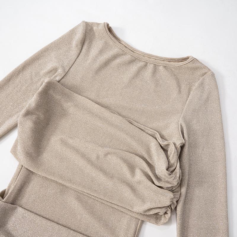 Long sleeve crewneck ruched glitter maxi dress