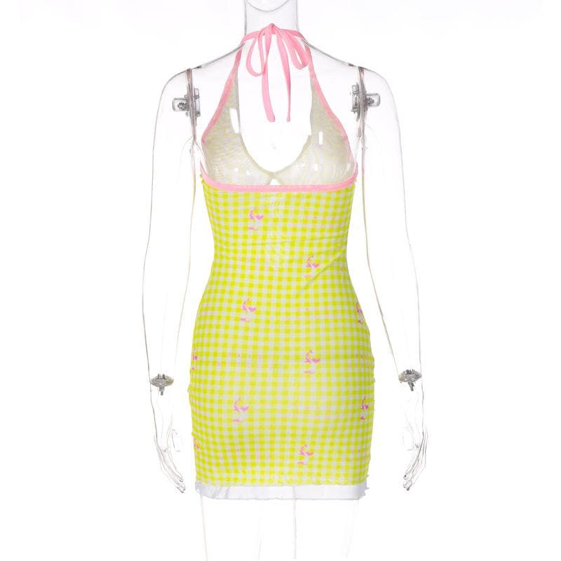 Sheer mesh plaid contrast print halter ruffle backless mini dress  | samba dress