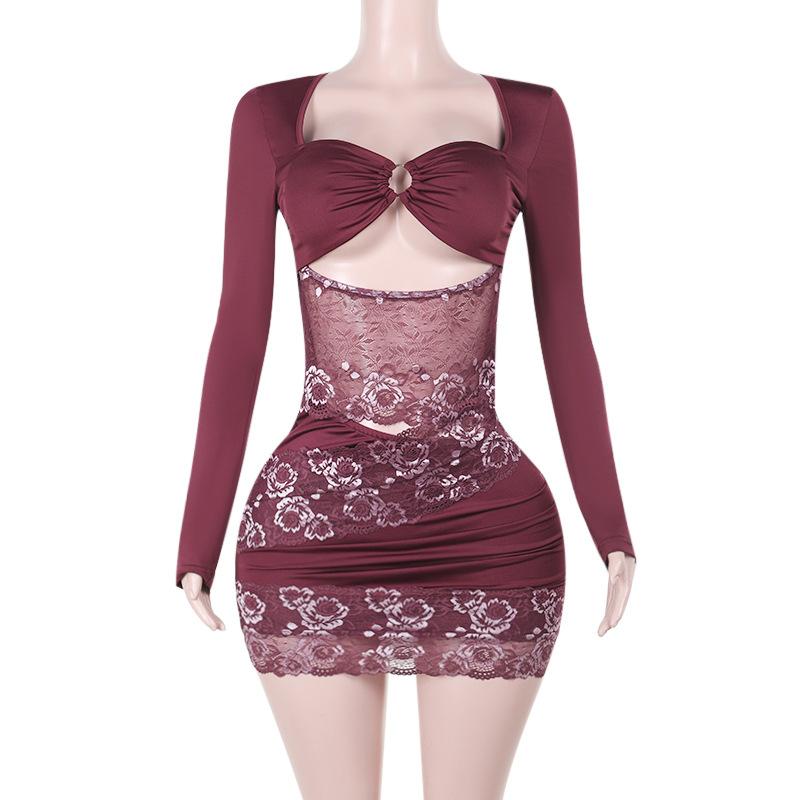 Long sleeve o ring lace hollow out mini dress