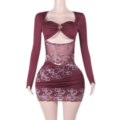 Long sleeve o ring lace hollow out mini dress