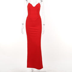 Zip-up solid v neck backless slit tube maxi dress  | red tango dress