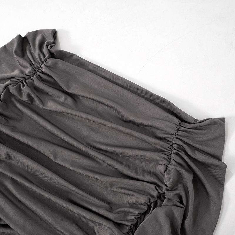 Off shoulder long sleeve slit ruched maxi dress