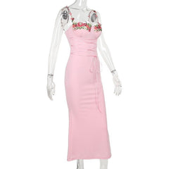 Flower embroidery contrast lace up sleeveless midi dress