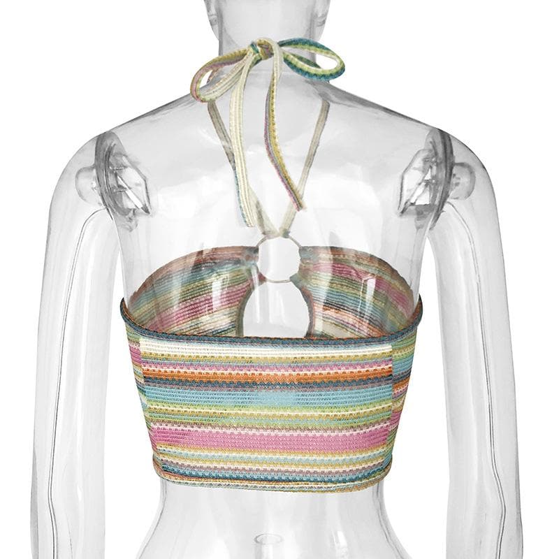 Knitted contrast striped hollow out o ring self tie backless crop cut out top