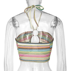 Knitted contrast striped hollow out o ring self tie backless crop cut out top