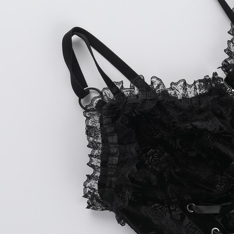 V neck lace hem zip-up ruffle lace up cami top