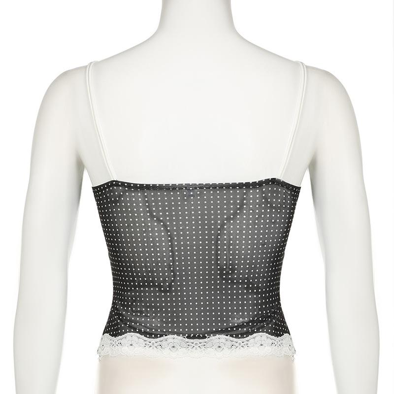 Polka dot lace hem mesh see through cami top