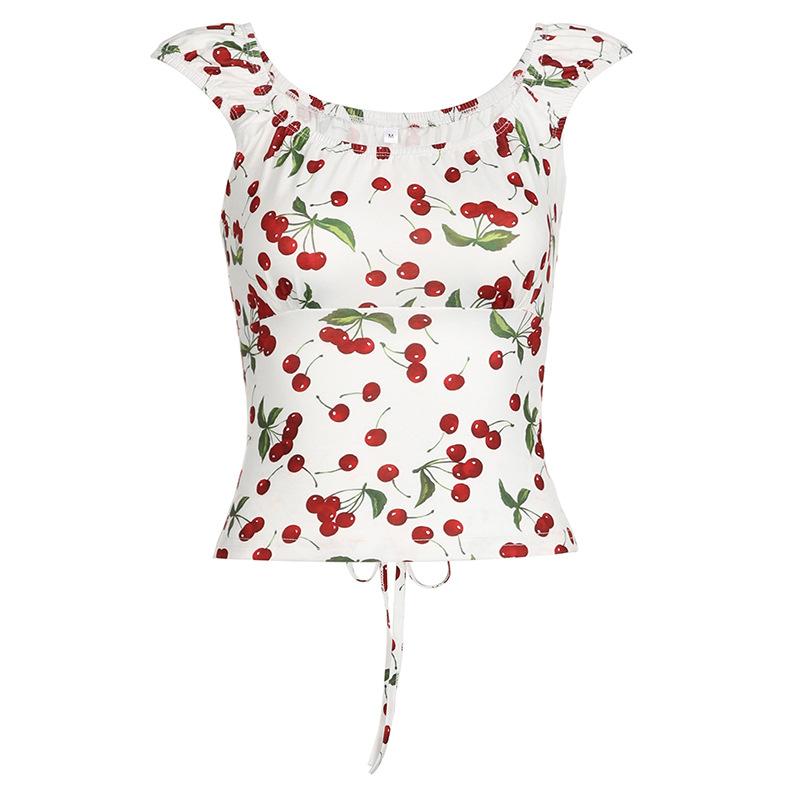Cap sleeve u neck cherry print lace up top