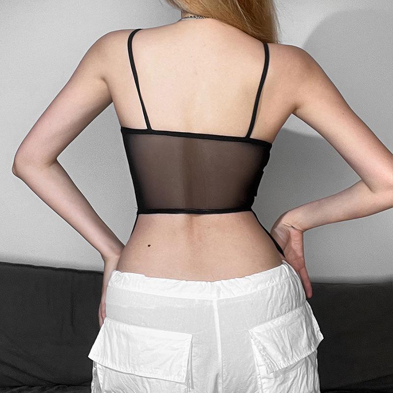 Zip-up mesh solid backless crop cami top