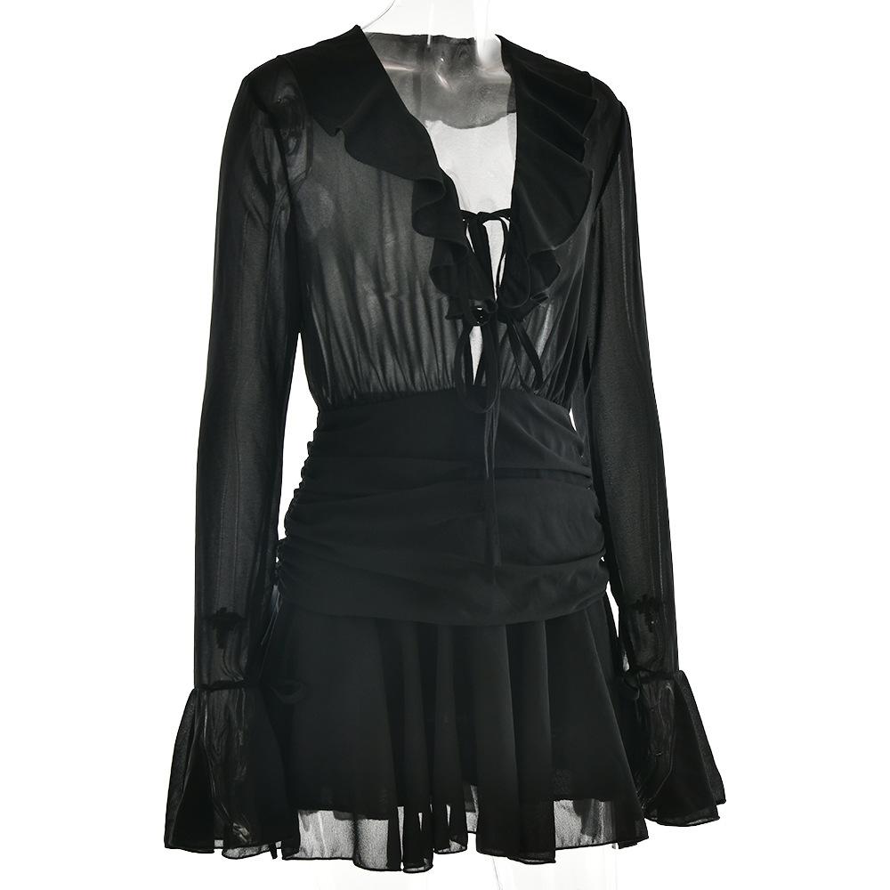 V neck long sleeve chiffon ruched ruffle mini dress