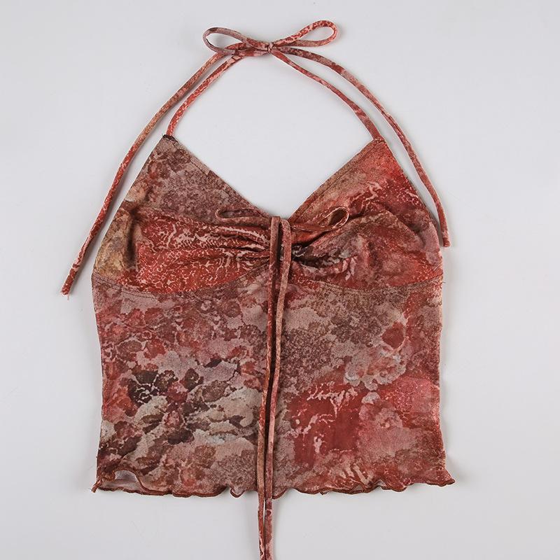 Halter abstract ruched self tie mesh top