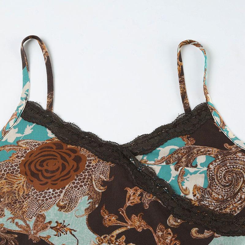 V neck lace hem flower print cami top