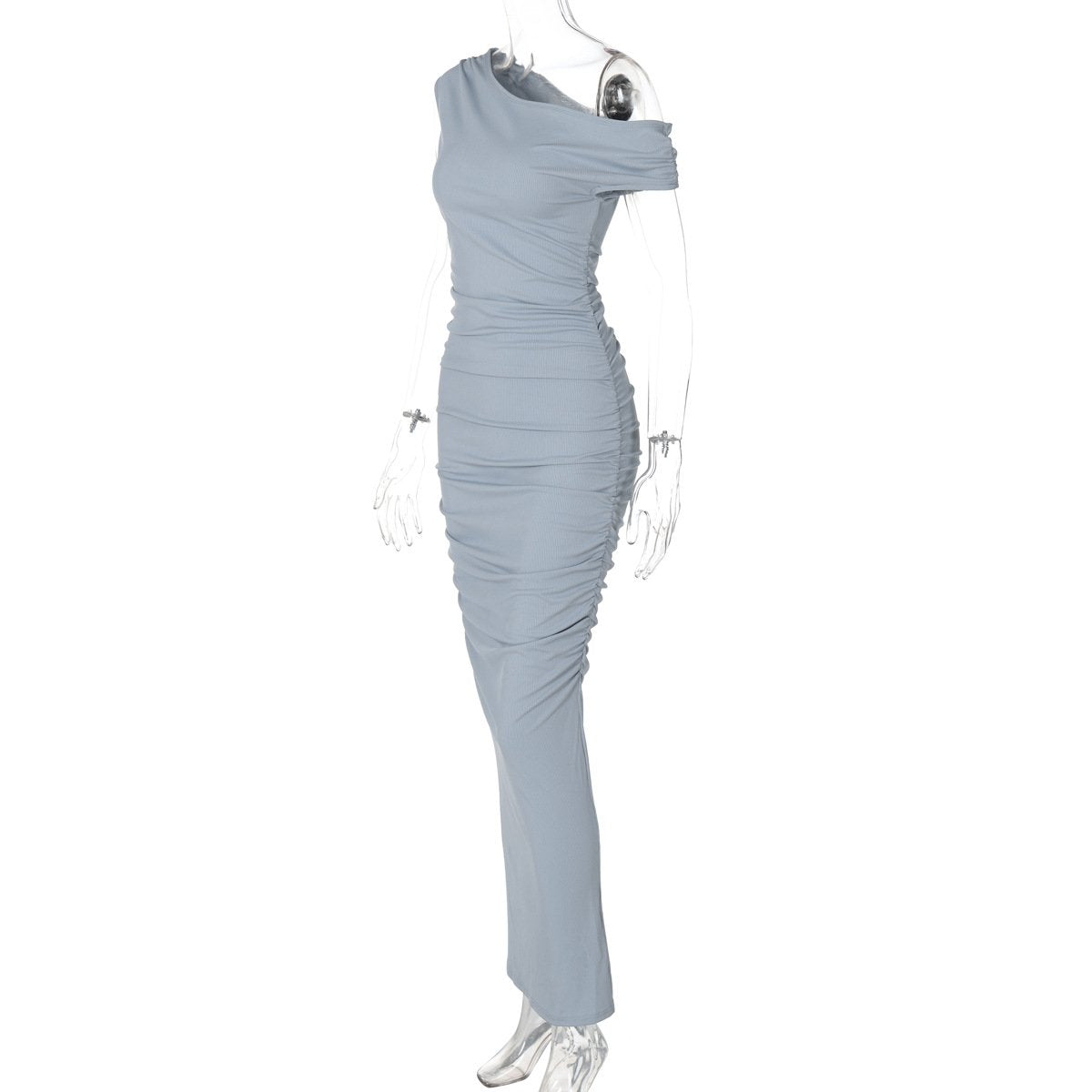 One shoulder ruched ribbed solid maxi dress