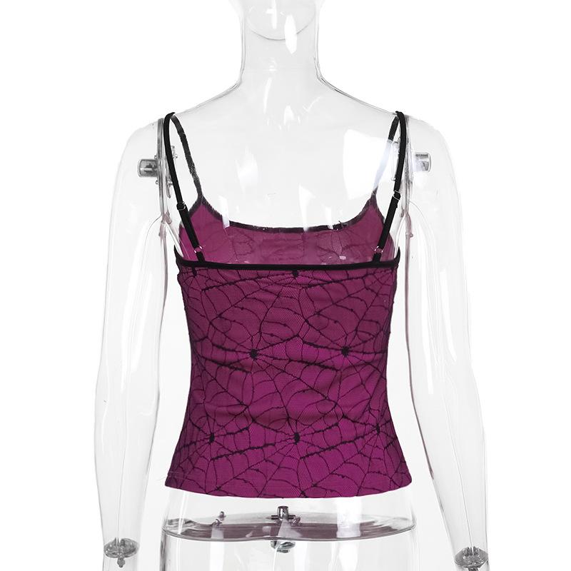 Cobweb pattern beaded backless cami top