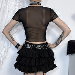 Round neck short sleeve butterfly pattern beaded crop top