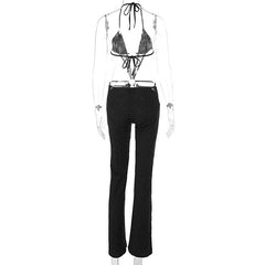 Halter lace o ring deep v neck hollow out jumpsuit