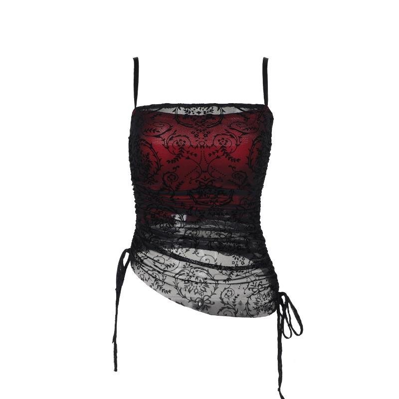 Lace drawstring ruched patchwork cami top