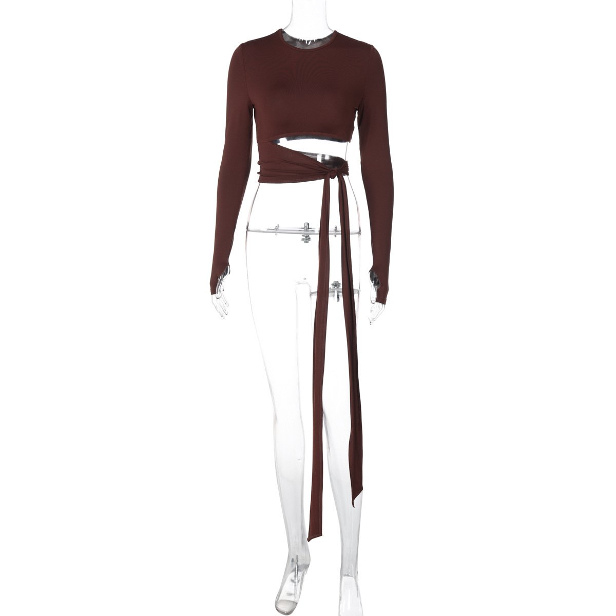 Long sleeve crewneck hollow out knotted top