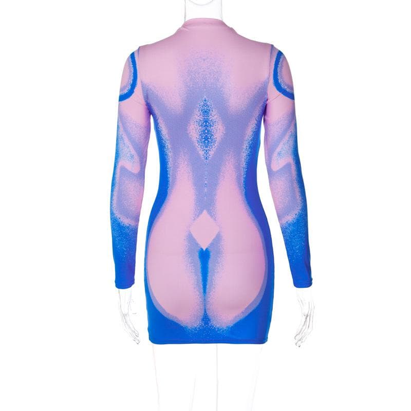 Long sleeve abstract contrast turtle neck mini dress  | red tango dress