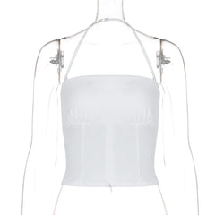 Halter backless ruched solid tube top