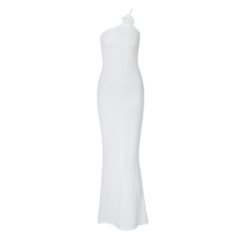 Flower applique one shoulder textured slit cami maxi dress