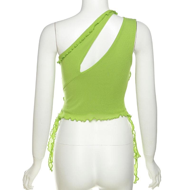 Irregular hollow out ruffle mesh solid one shoulder cut out top